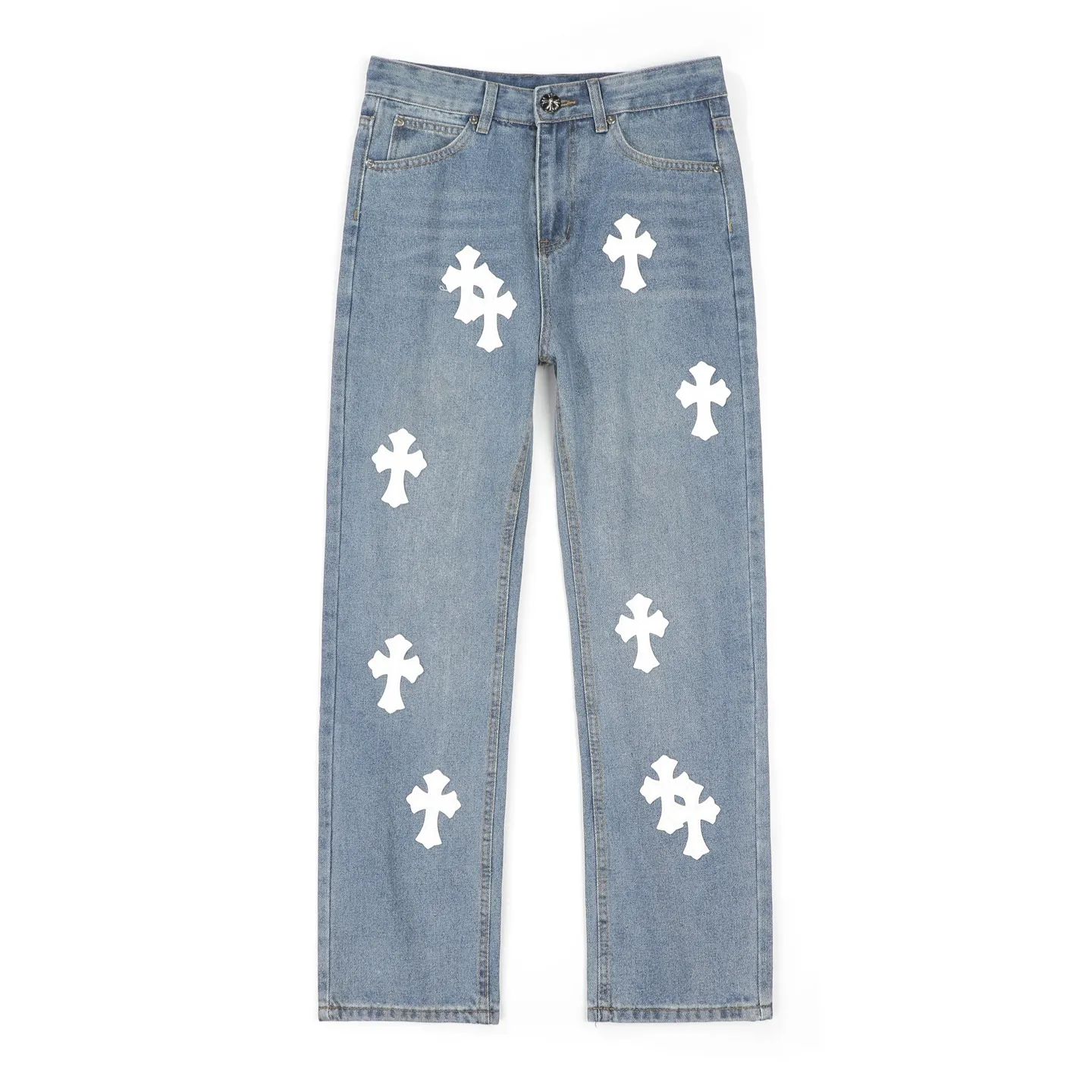 P230 Chrome Hearts CH/Chrome Hearts classic blue and white cross-patterned leather jeans. Original purchase and patterning. Really restores the ultimate texture of Vintage. Special Italian cowhide print and then cut. Customized three-layer thick line leather of sheepskin. The whole body is spliced in heavy water washing process. Craftsmen hand-splash ink. You can see the details. Three-dimensional cutting version. Loose and comfortable. Not flattering on the figure. Makes you taller and slimmer. Factory Seiko. Original quality control. Same style for men and women. Can be matched with couples. Versatile recommendation. Essential jeans for all seasons Color: blue Size: 28-36 (S-XXL)